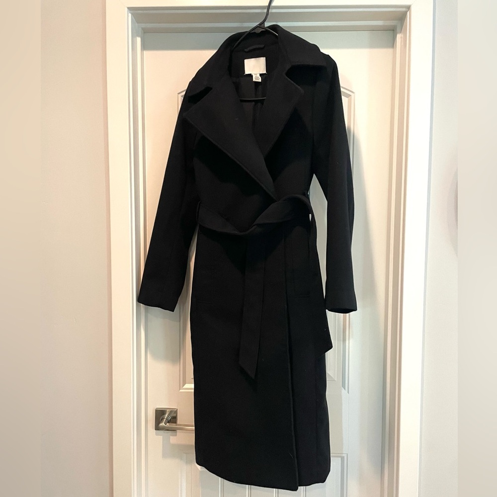 H&M Black Full Length Long Sleeve Wrap Trench Coat